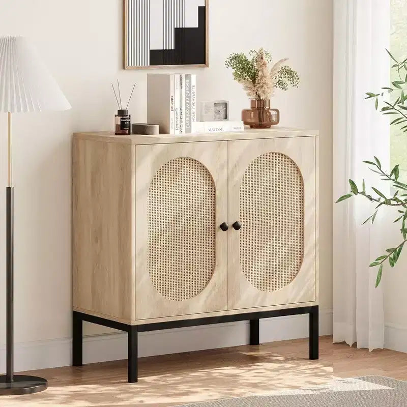 Meuble buffet, armoire de rangement en rotin avec portes et étagères