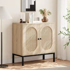 Meuble buffet, armoire de rangement en rotin avec portes et étagères