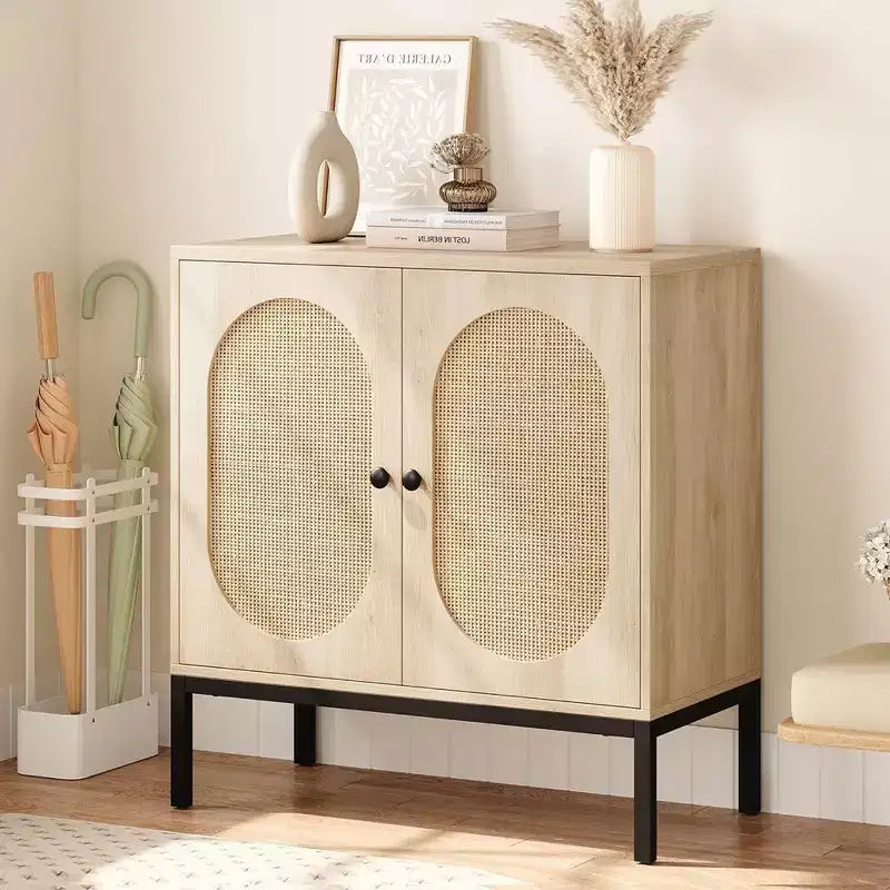 Meuble buffet, armoire de rangement en rotin avec portes et étagères