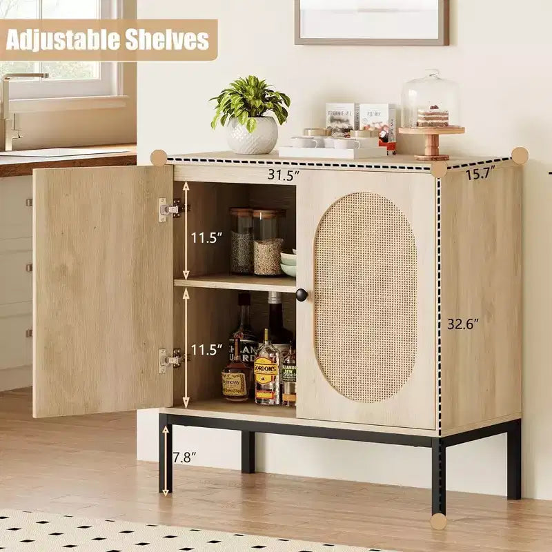 Meuble buffet, armoire de rangement en rotin avec portes et étagères