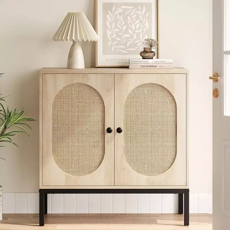 Meuble buffet, armoire de rangement en rotin avec portes et étagères