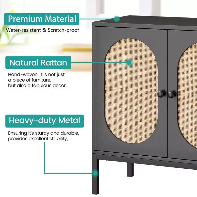 Meuble buffet, armoire de rangement en rotin avec portes et étagères