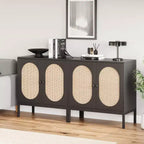 Meuble buffet, armoire de rangement en rotin avec portes et étagères