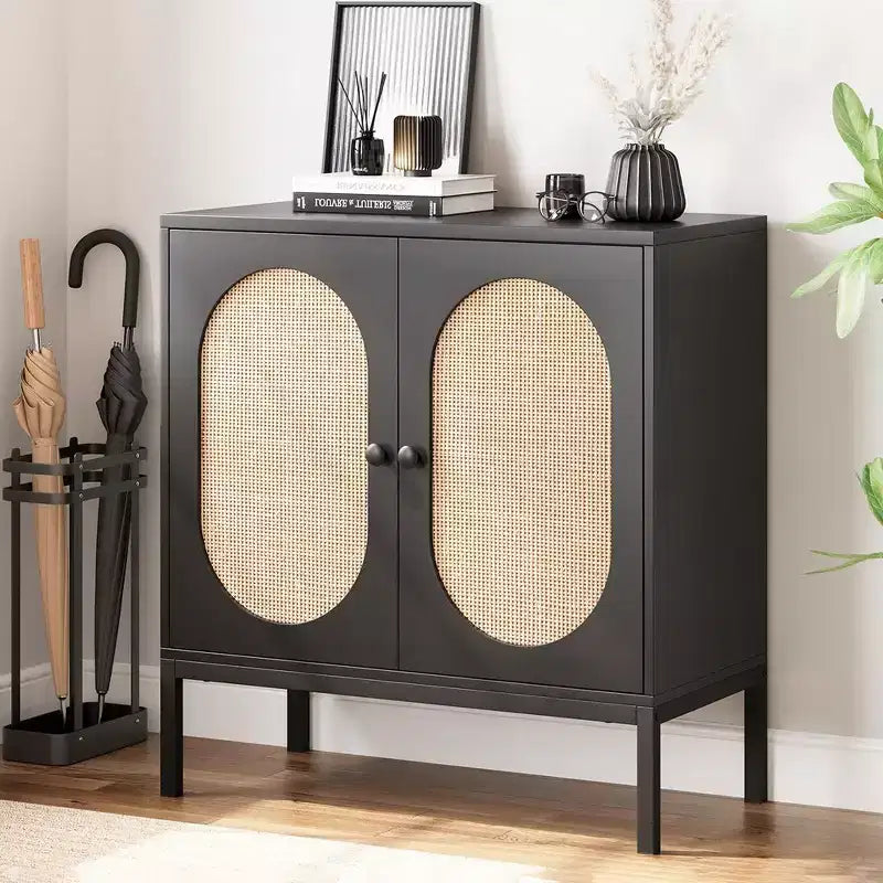 Meuble buffet, armoire de rangement en rotin avec portes et étagères