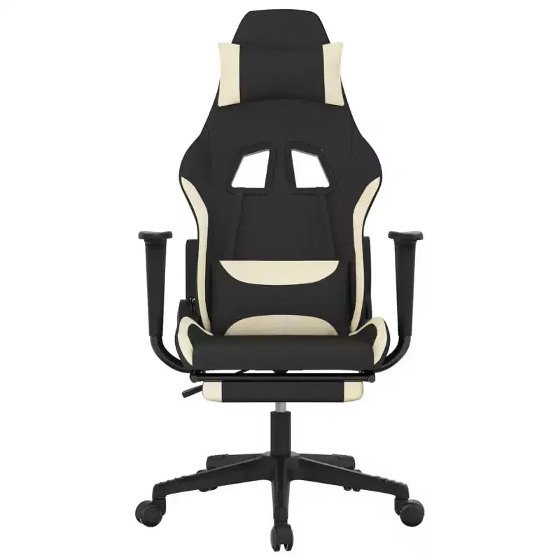 Fauteuil gamer massant avec repose-pieds - Tissu noir et crème