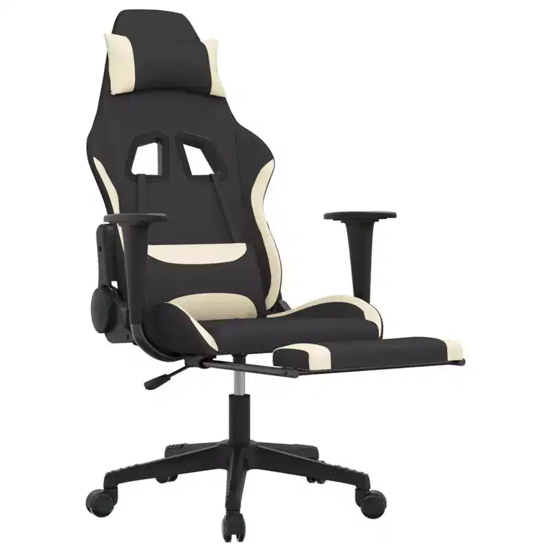 Fauteuil gamer massant avec repose-pieds - Tissu noir et crème