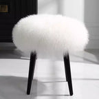 Tabouret d'appoint rond en peau de mouton blanche - Pieds coniques en bois noir