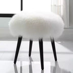 Tabouret d'appoint rond en peau de mouton blanche - Pieds coniques en bois noir
