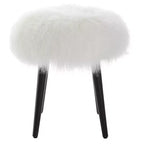 Tabouret d'appoint rond en peau de mouton blanche - Pieds coniques en bois noir