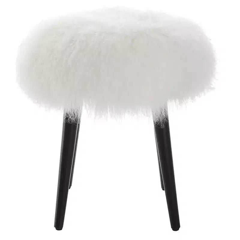 Tabouret d'appoint rond en peau de mouton blanche - Pieds coniques en bois noir