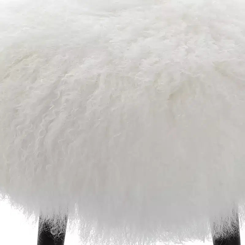 Tabouret d'appoint rond en peau de mouton blanche - Pieds coniques en bois noir