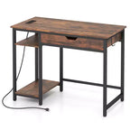 Bureau d'ordinateur avec prises de courant, tiroir, étagère réglable et crochets pour casque