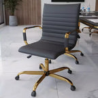 Chaise de bureau sans accoudoirs - Similicuir nervuré, piètement en métal doré, pivotante et inclinable