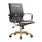 LeisureMod Harris Armless Office Chair - Ribbed Leather with Gold Metal Frame - Modern Swivel & Tilt Desk Chair